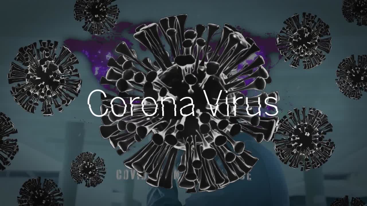 animación del texto de covid 19 sobre el mapa del mundo y las células de covid 19