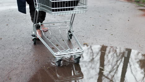 barfuß in einer pfütze mit einkaufswagen