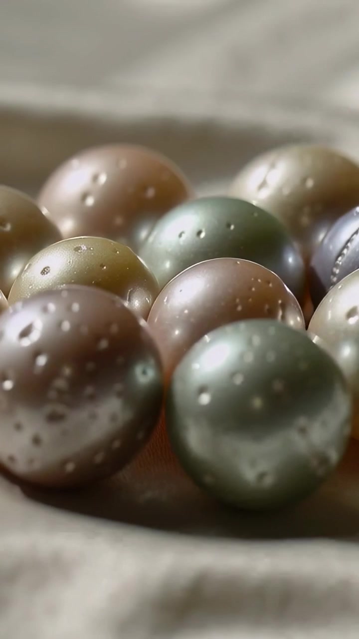Vertical video: Pulling back camera revealing pearl beads on cream fabric showing droplet detail