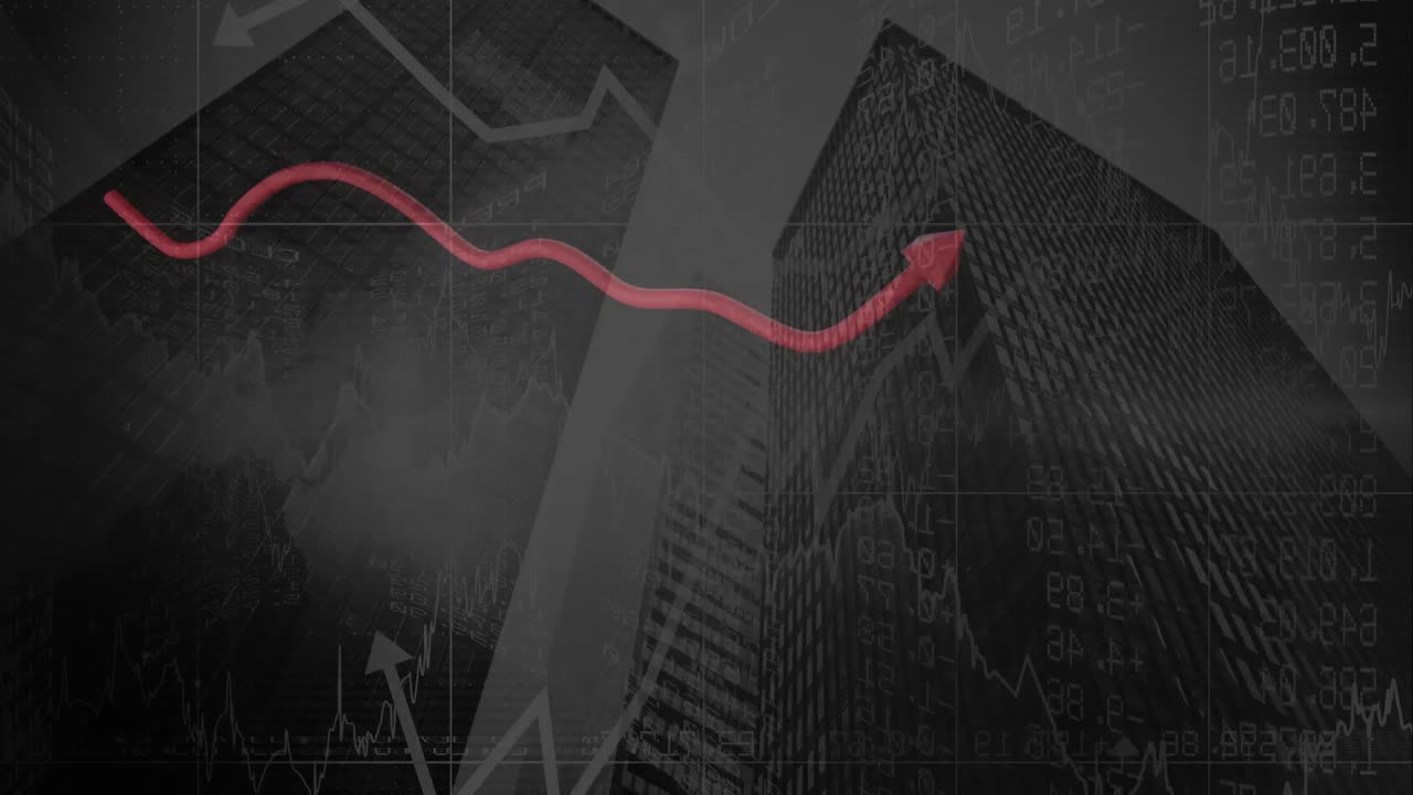 Animation of red line and financial data processing over cityscape