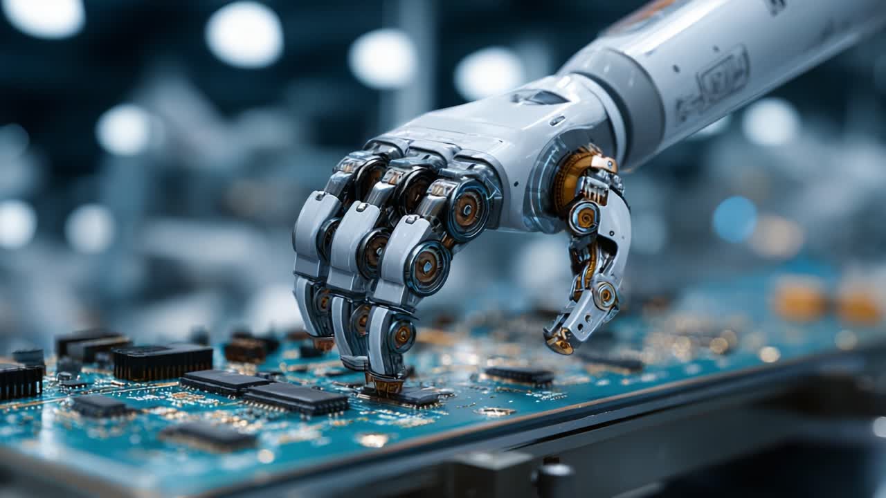 Innovative Robotic Hand Engaged in Precision Electronics Assembly, Showcasing Advanced Technology and Automation in a Modern Manufacturing Environment