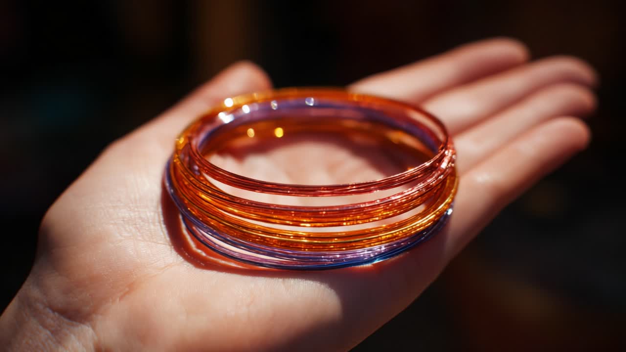 A Captivating Display of Colorful Glass Bangles: A Close-Up View of Vibrant and Shimmering Bangle Accessories Elegantly Resting on a Hand, Showcasing Artistic Design and Craftsmanship in Every Detail