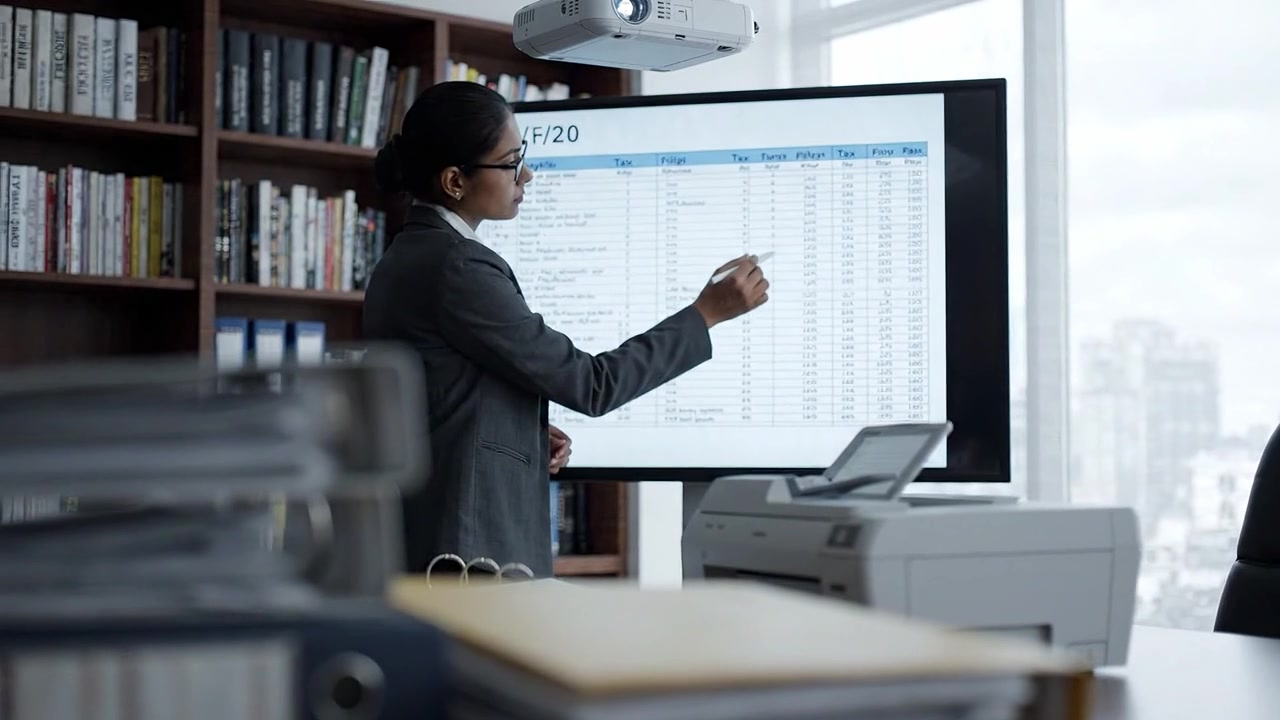 Professional woman presenting tax data on a screen in an office setting, highlighting financial information and engaging with the audience through detailed analysis.