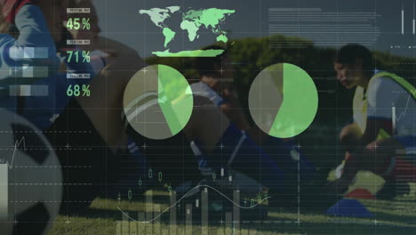training athletes on grassy field with data analytics animation overlay visible