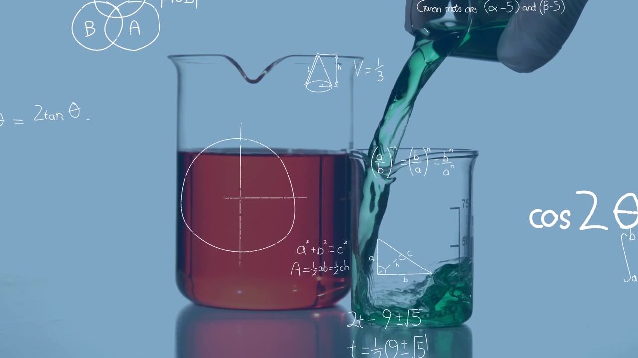 Animation of mathematical formulas over scientist in laboratory