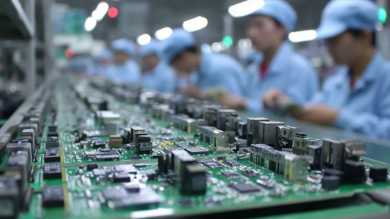 Manufacturing Process in a High-Tech Electronic Assembly Line Featuring Circuit Boards and Workers in Blue Lab Coats Concentrating on Quality Control