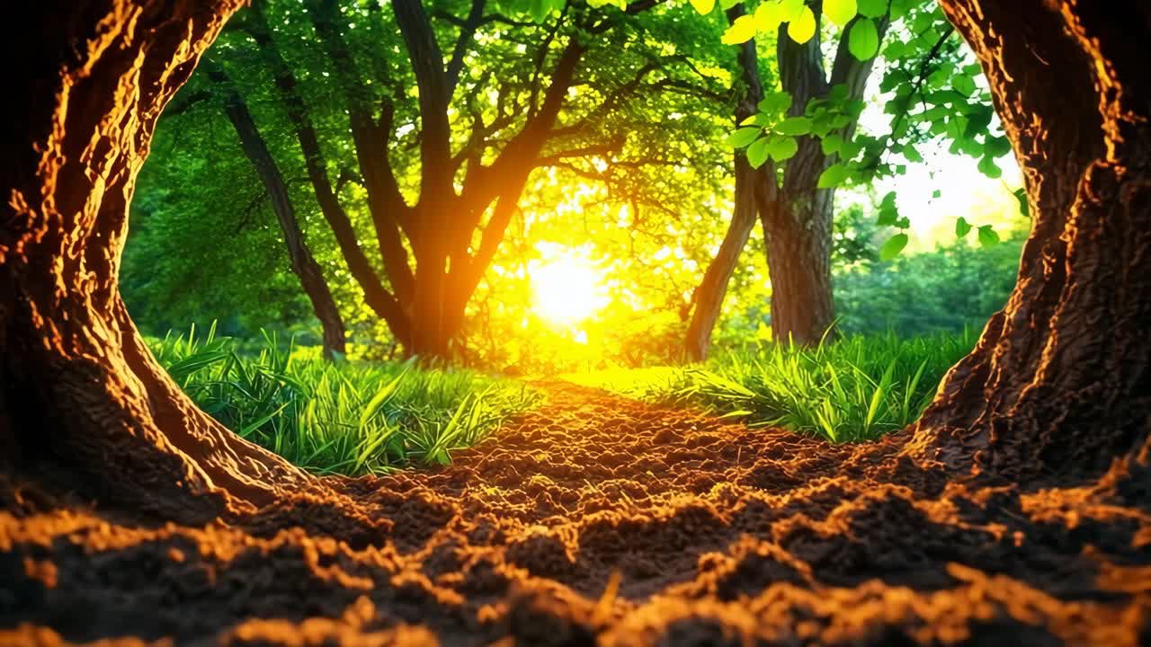 Sunset through tree trunk. Sunlight filters through the trees, lighting the forest floor and creating a serene atmosphere at dusk.