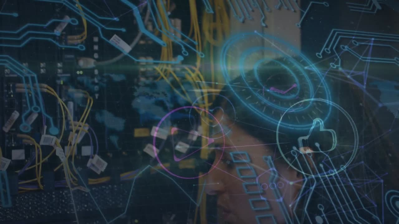 animación de circuitos integrados y círculos de procesamiento a través de cables de computadora