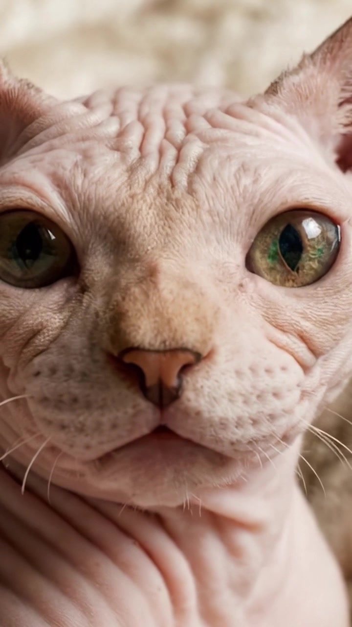 Avvincente primo piano di un gatto Sphynx con le caratteristiche rughe e gli occhi espressivi, che mette in mostra i suoi tratti unici e la sua natura giocosa
