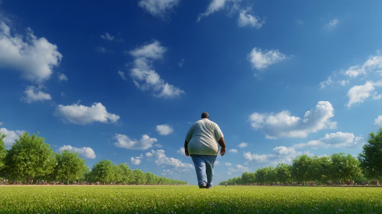 A solitary figure walks toward the horizon under a vast blue sky, surrounded by lush greenery and clouds, depicting an introspective journey in an open, serene landscape