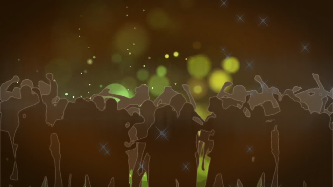 Silhouettes of cheering crowd with sparkling lights animation over dark background