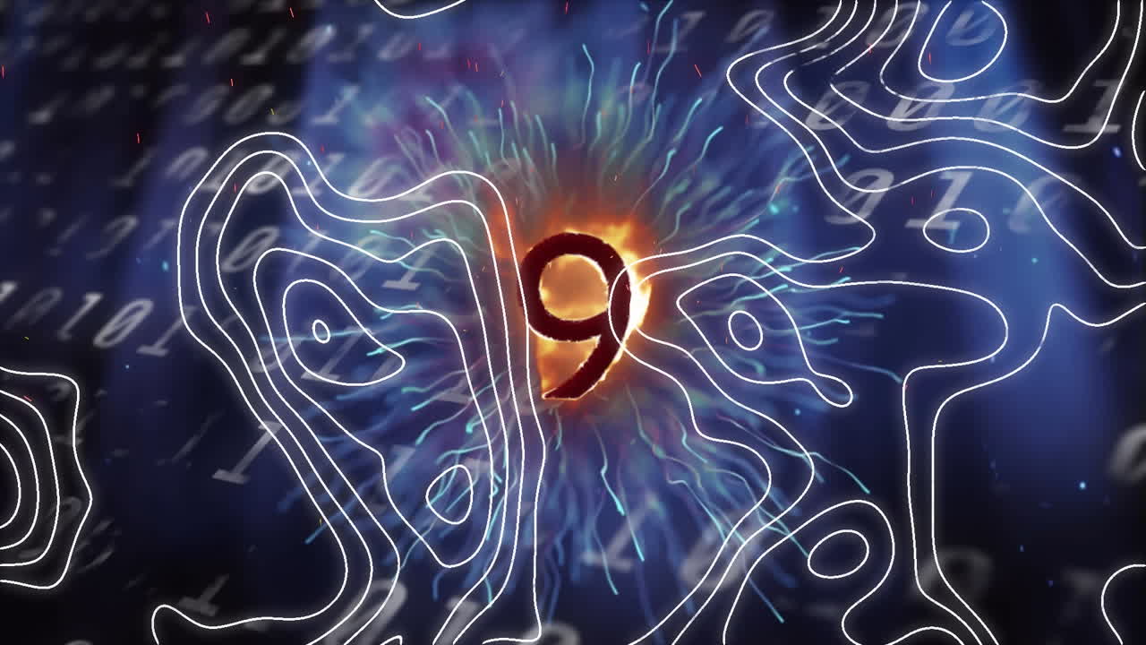 animación de líneas de contorno blancas sobre el número 9 en llamas y procesamiento de datos sobre fondo negro