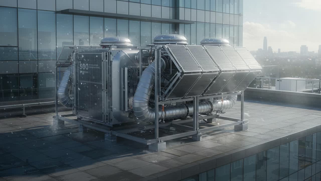 Advanced HVAC System with Innovative Design on a Rooftop, Showcasing High-Performance Cooling Technology Amidst a Modern Urban Landscape