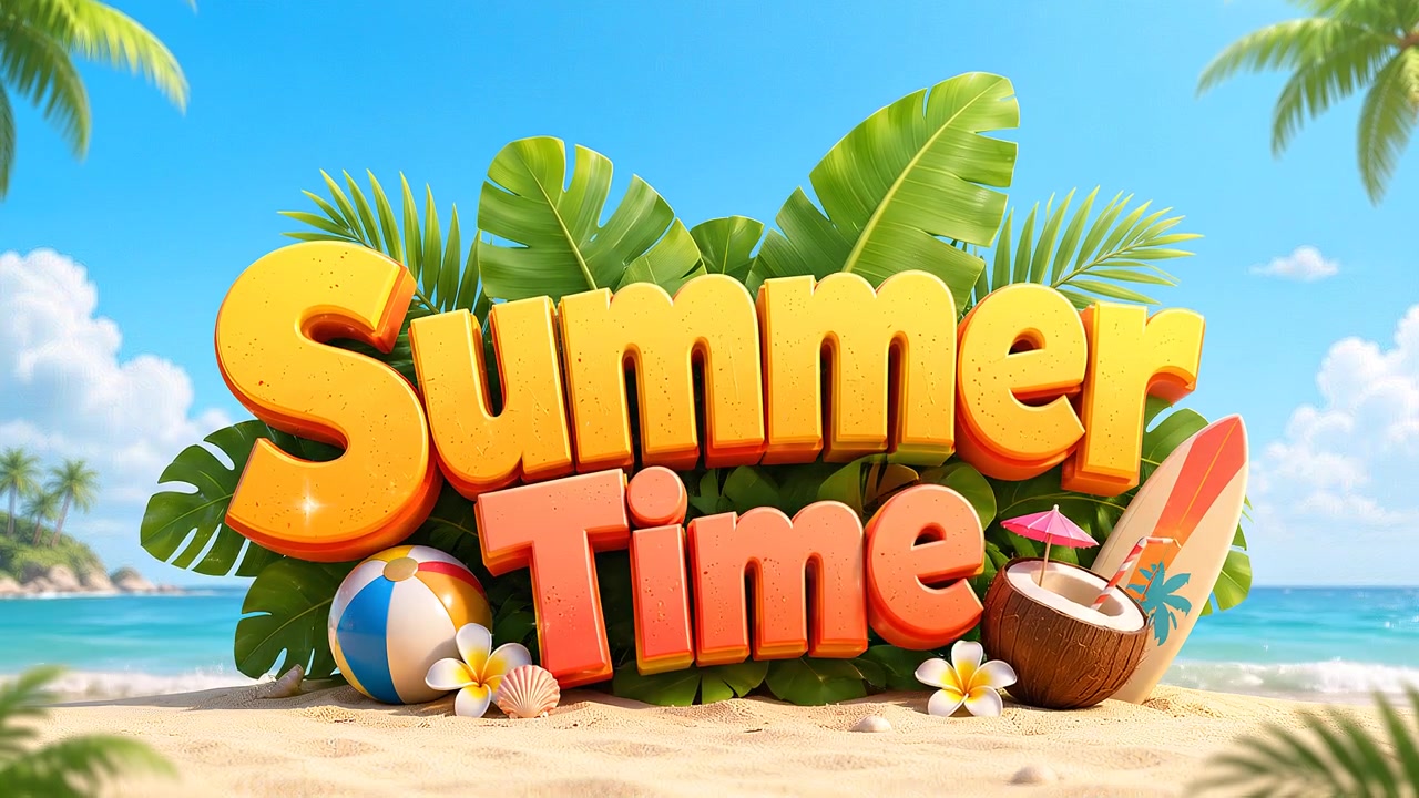 Animación de banner con efecto de texto de rótulo tropical veraniego, con tabla de surf, bebida de coco, pelota de playa y exuberante decoración de hojas de palma.