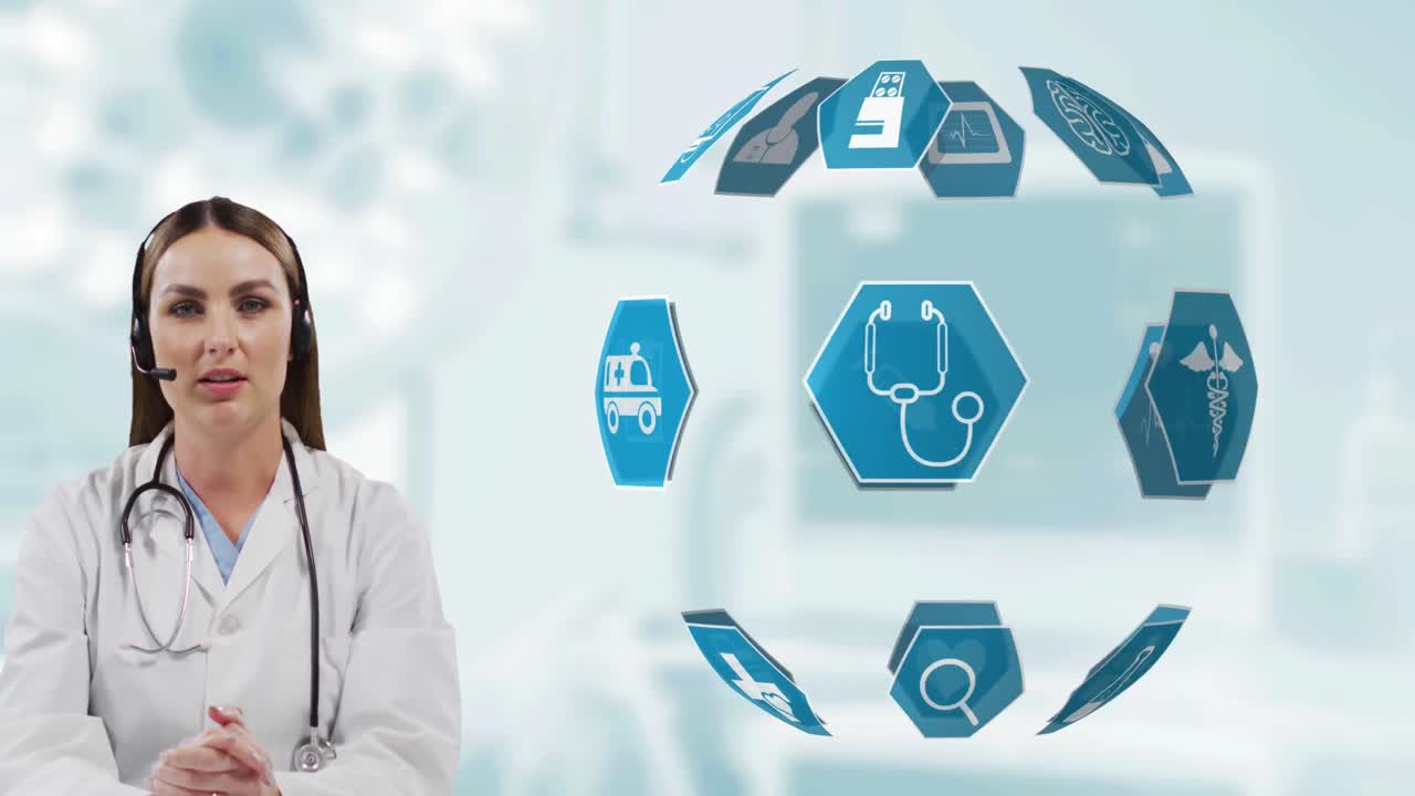 Portrait of caucasian female doctor wearing phone headset talking against globe of medical icons