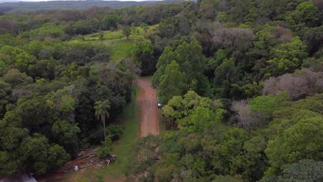 Drone-shot-Argentina-Santa-Ana-forest-with-midday-afternoon-with-blue-sky-cloudy-landscape-around-Santa-Ana