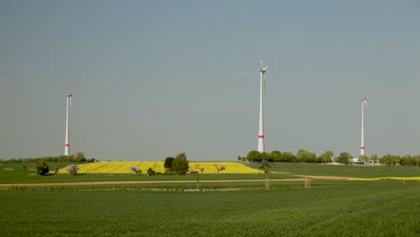 three wind turbines in a lush field under a clear sky, with a hint of yellow flowers and greenery, daytime, sustainable energy theme