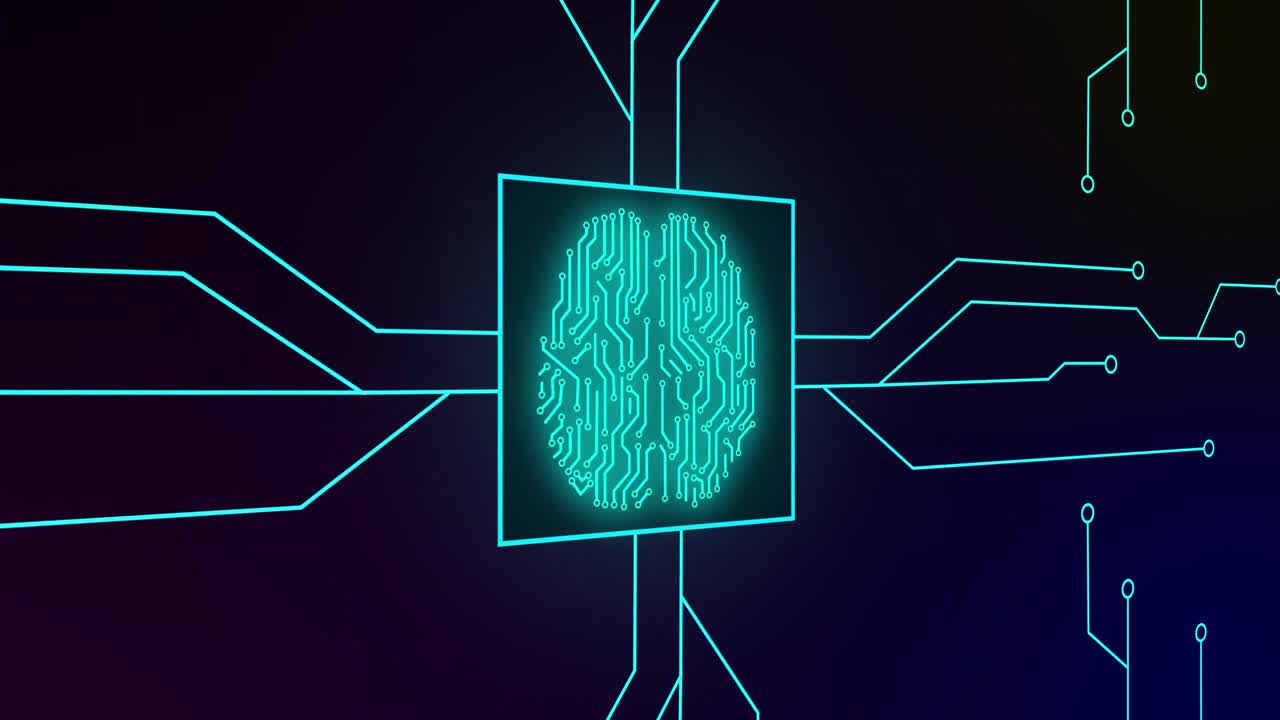 Animation of green glowing human brain with computer mother board circuit over black background