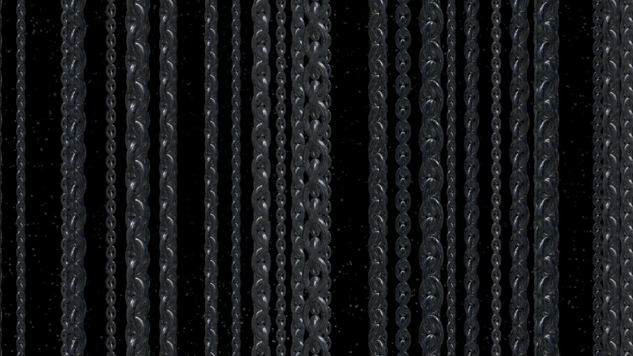 muchas cadenas de acero giran y flotan en el marco.