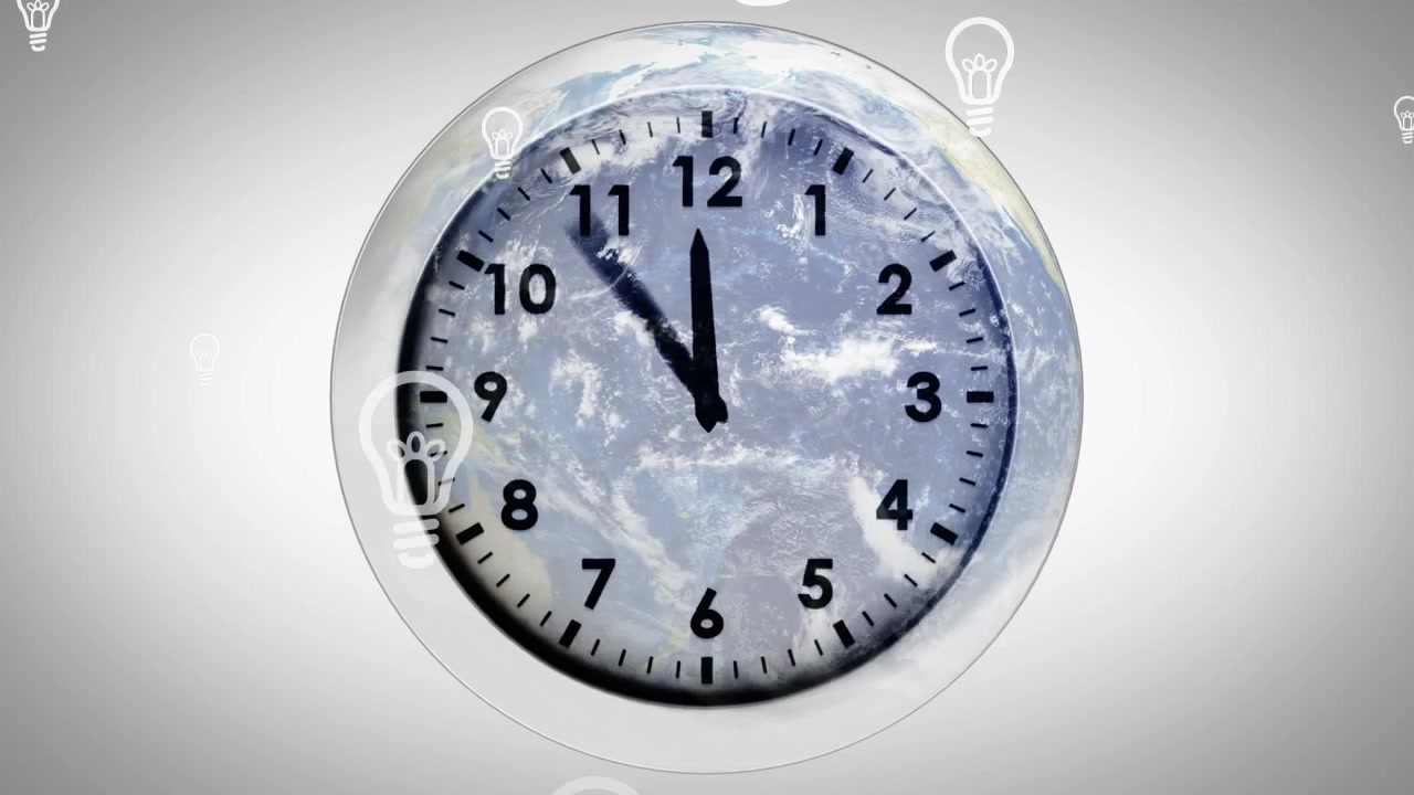 Animation light bulb icons over rotating globe in clock against abstract background