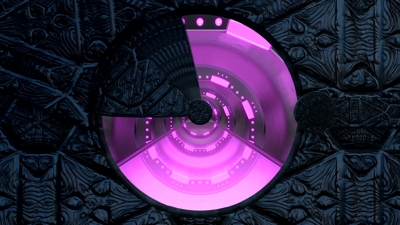 la puerta de entrada de piedra abre una vista panorámica a la escena del paisaje de la nave espacial. fondo abstracto 3d de un corredor de ciencia ficción con luces de neón. tecnología futurista vj para títulos y fondo tecnológicos.
