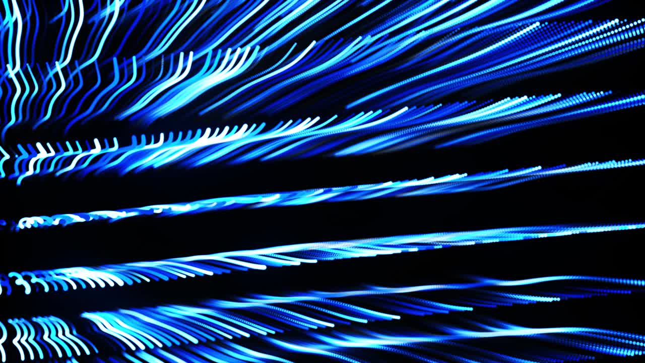 fondo de bucle 3d abstracto con partículas de brillo azul forman líneas curvas y líneas forman la estructura de la superficie en el espacio 3d. bucle vj festivo con partículas. fondo de diseño de movimiento