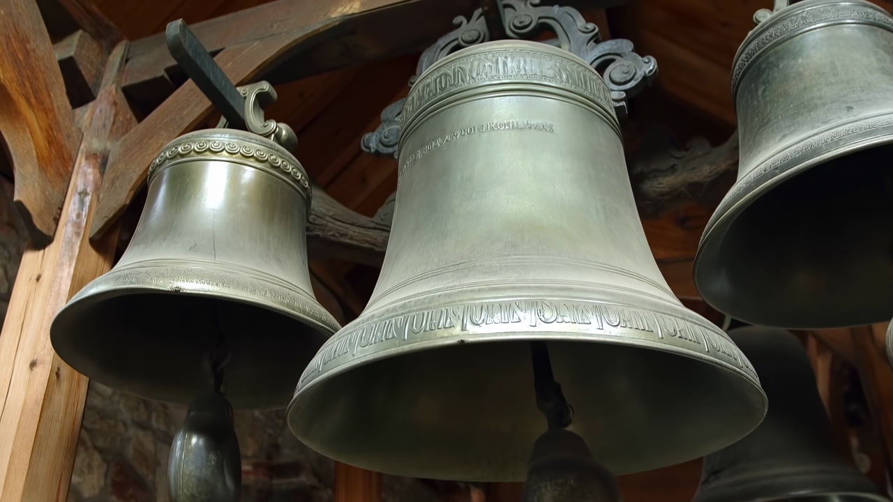 Close Up Bronze Bells Inside Belfry, Cinematic Slowmotion Feel Capturing Ornate Bells With Aged Patina