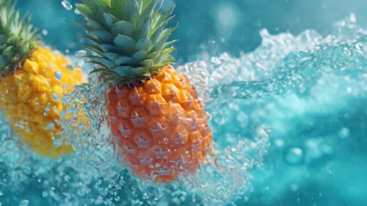 Vibrant Pineapples Splashing in Crystal Clear Water, Capturing the Essence of Freshness and Tropical Delight in a Stunning Underwater Scene