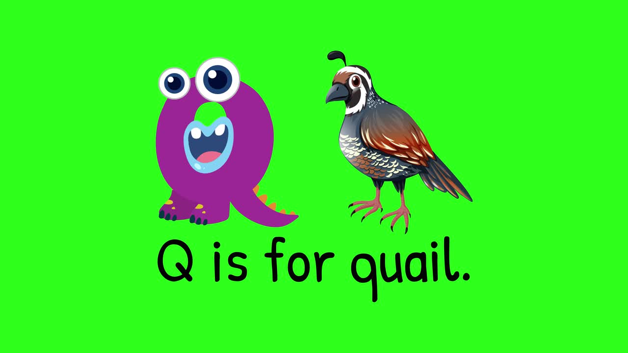 Bright, playful animation with a purple character and quail on a green background, emphasizing the letter Q
