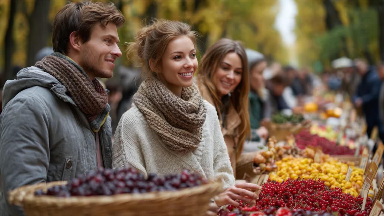 A Delightful Autumn Market Scene Featuring a Young Couple Enjoying Fresh Fruits and Vibrant Colors Amidst a Charming Outdoor Setting