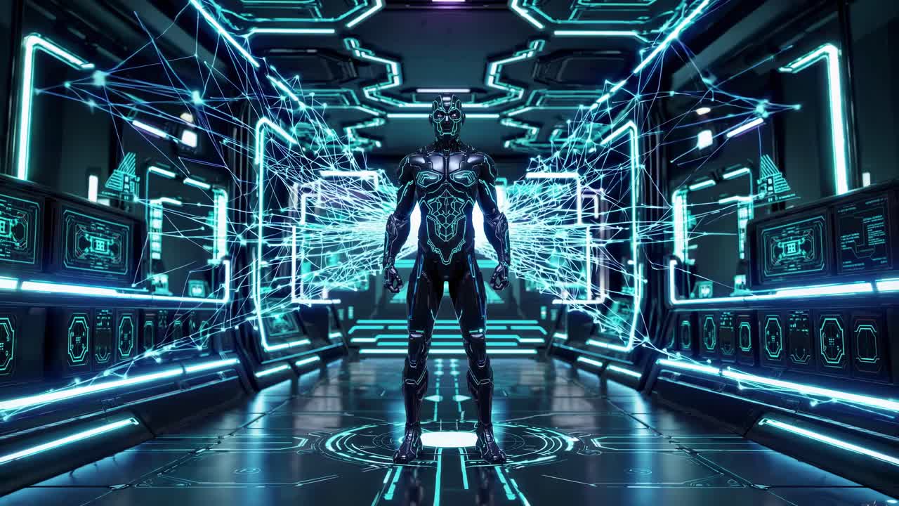 Cybernetic Human in Futuristic Corridor
