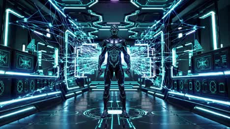 cybernetic human in futuristic corridor