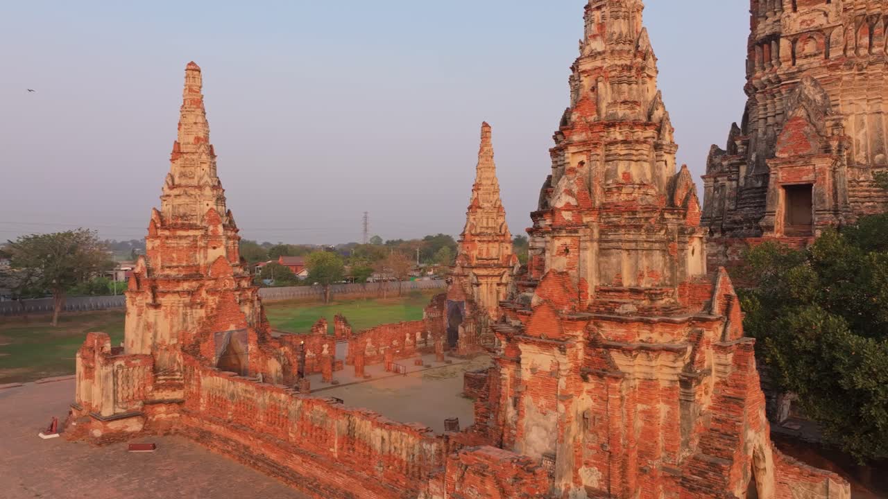 Drone view of sunrise over Wat Chai Watthanaram, Ayutthaya