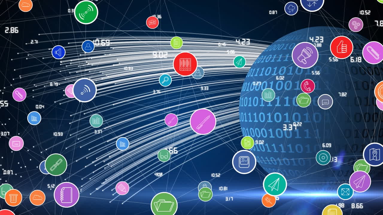 Animation of diverse colorful technology icons over globe with binary code