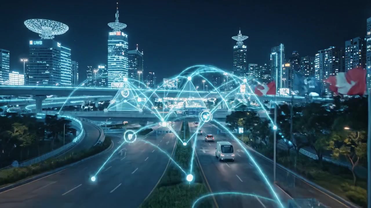 Paesaggio urbano futuristico di notte con grattacieli luminosi e sovrapposizioni digitali ad alta tecnologia che raffigurano connettività e moderni sistemi di trasporto.
