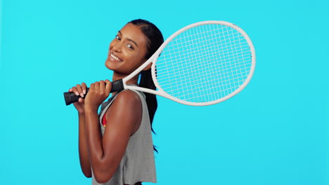 Woman,-tennis-player-and-smile-on-face-in-studio