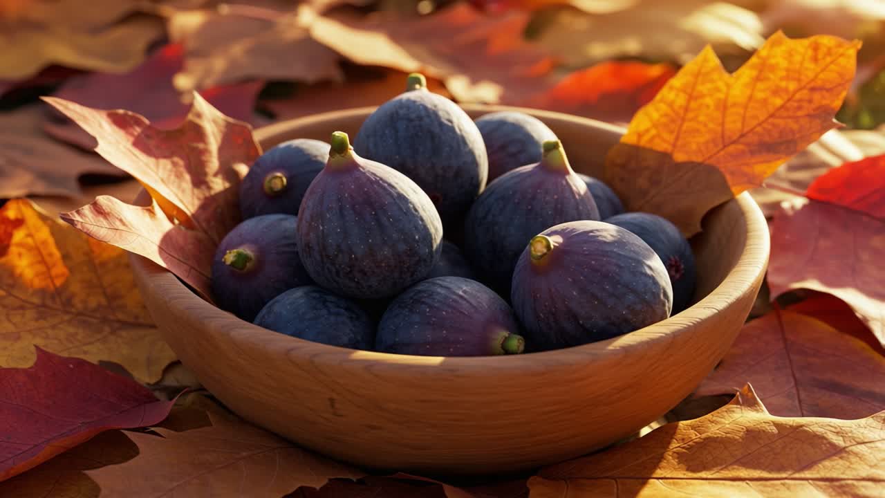 A Fresh Harvest of Figs Beautifully Arranged in a Wooden Bowl Surrounded by Colorful Autumn Leaves, Capturing the Essence of Seasonal Abundance and Nature's Splendor