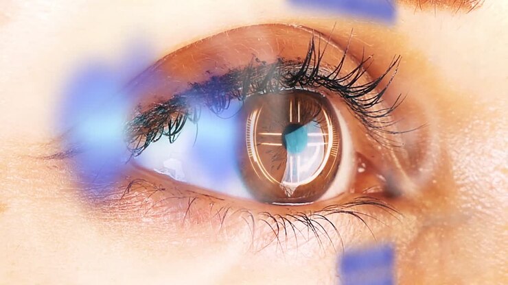 Close up to woman's eyeball with futuristic system. Futuristic vision of reality and concept of cyber technology