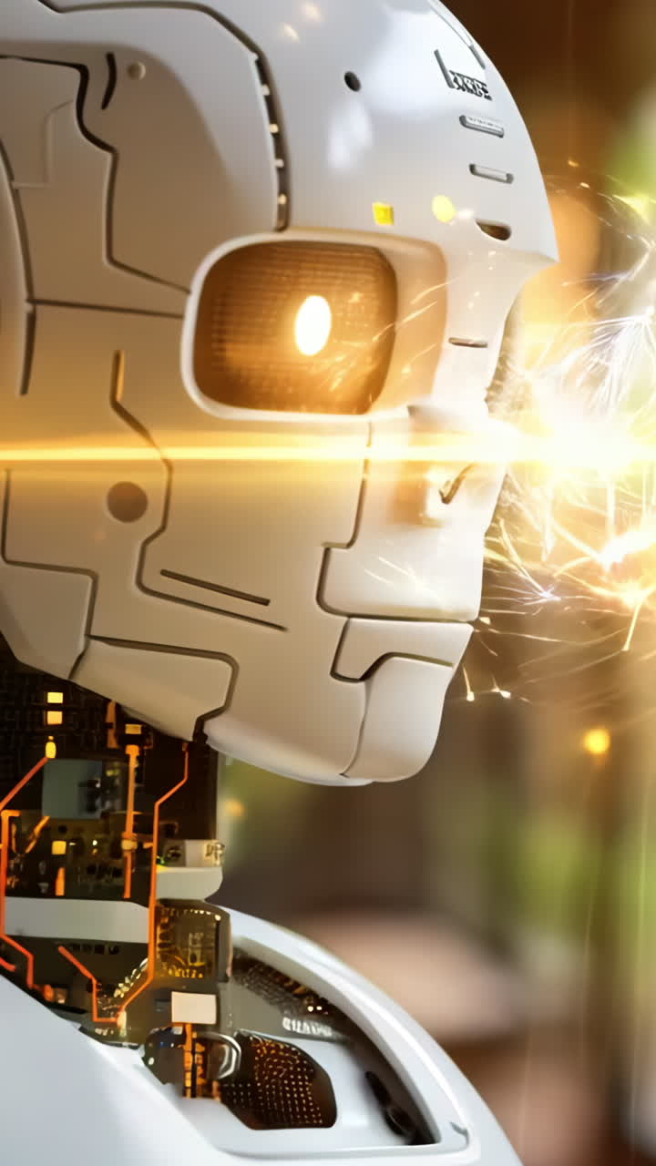 A robot with the number 11 on its chest stands in front of a window. The robot is made of metal and has a human-like appearance. The scene is set in a room with a potted plant in the background