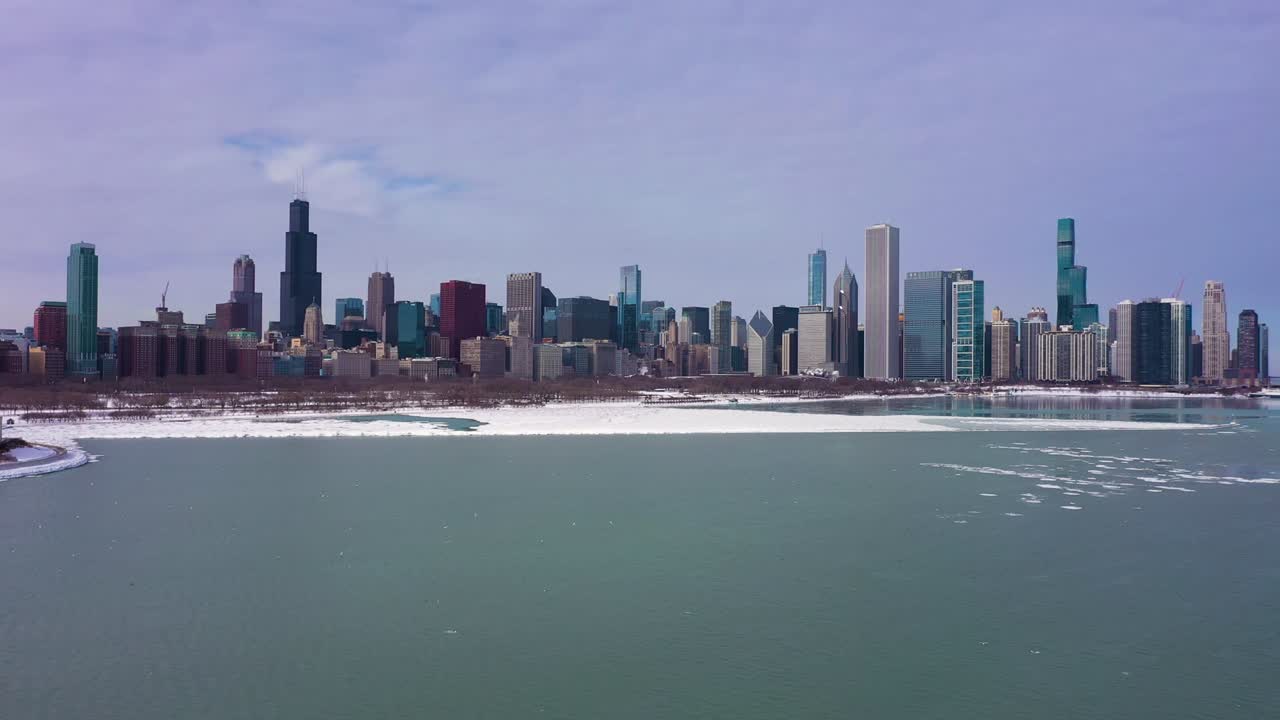 Urban Skyline of Chicago and Lake Michigan on Winter Day. Aerial View. USA