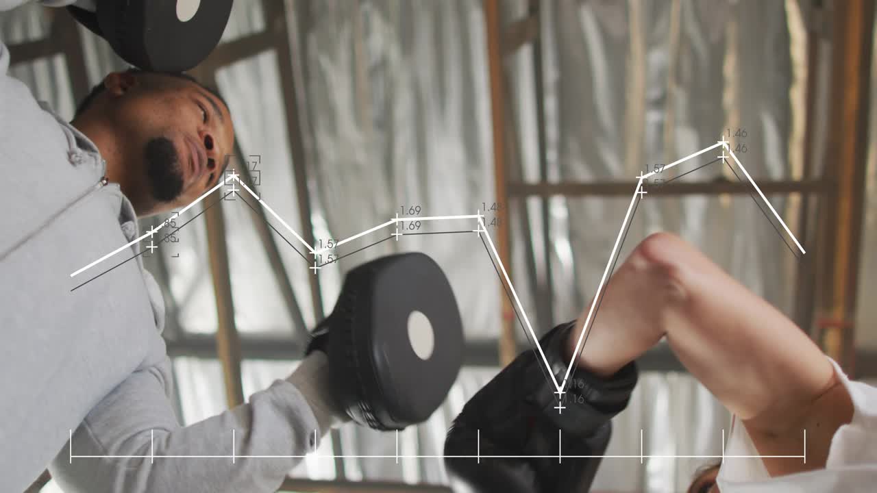 Female boxer initiating jab combos for power, boxing coach moving pads, motion graphs tracking data