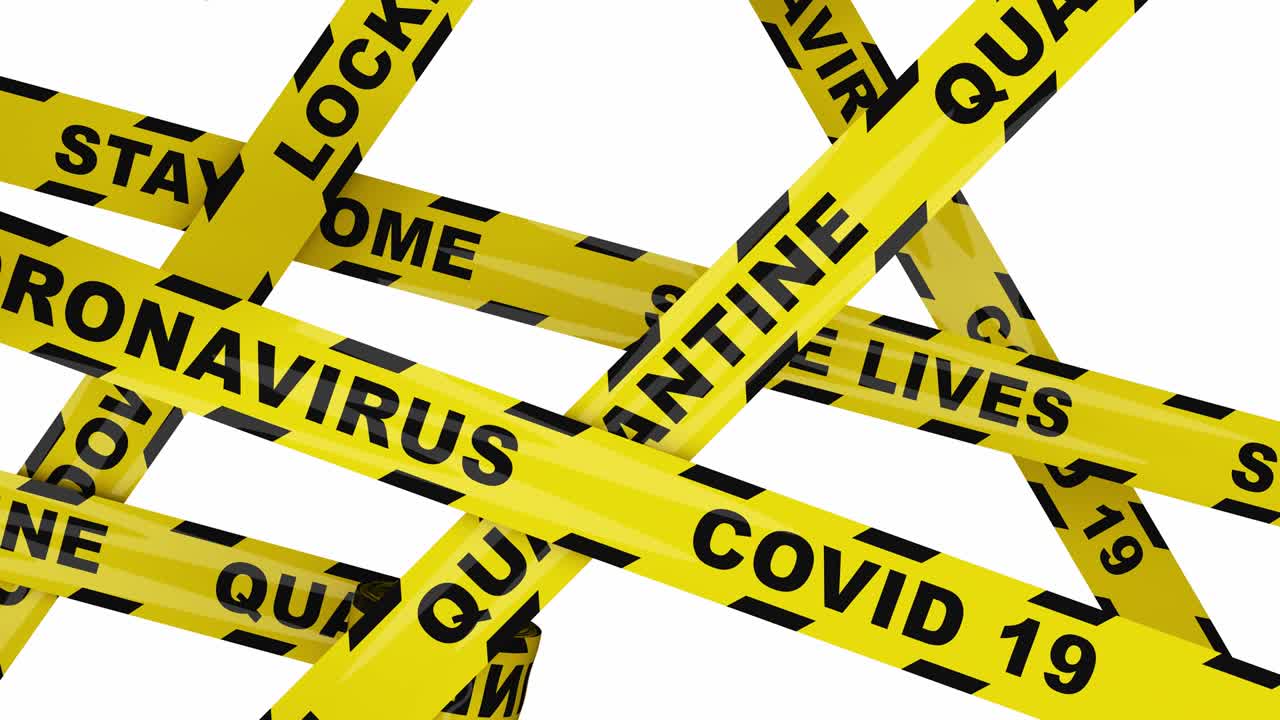 Yellow warning tape with Coronavirus and Lockdown text, warning of infection, rolling across the screen then shattering. End the lock down concept. With mask. 3d render.