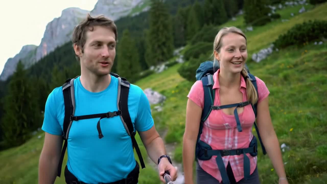 pareja de senderismo en las montañas