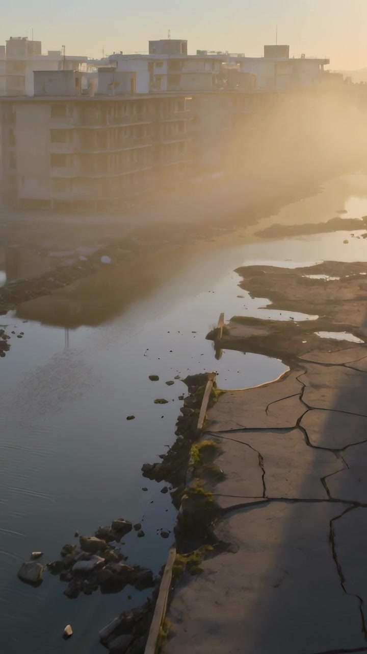 Vertical video: Panning drone revealing cracked mudflat at sunset, showing solitary figure on jetty