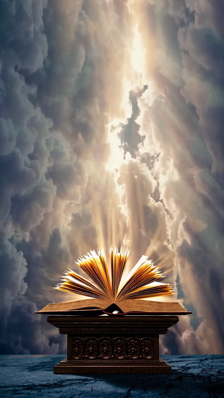 A mystical open book on a pedestal with dramatic light beams from clouds, captured from a low angle