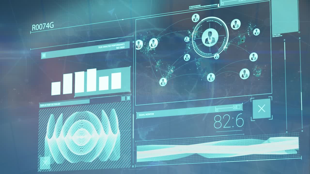 Animation of digital screen with diverse data, globe and graphs