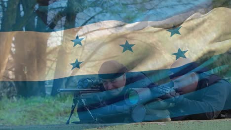 Animation-of-flag-of-honduras-over-diverse-male-soldiers-with-weapons