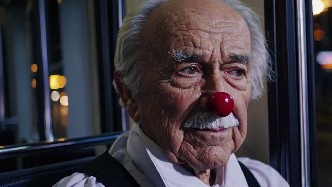 hombre anciano con nariz de payaso en el transporte público