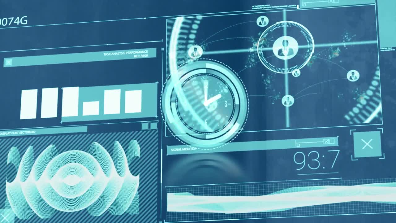 Animation of digital clock over graphs, profile icons, soundwaves, numbers on abstract background