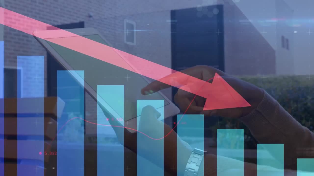 Animation of red arrow and statistics processing over man using tablet with green screen
